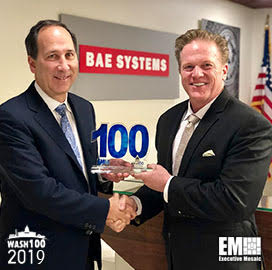 Jim Garrettson, CEO of Executive Mosaic, Presents Al Whitmore, President of I&S Sector for BAE Systems’ U.S. Arm, His Second Consecutive Wash100 Award