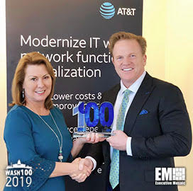 Jim Garrettson, CEO of Executive Mosaic, Presents Jill Singer, National Security VP for AT&T, Her Fourth Wash100 Award
