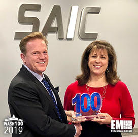 Jim Garrettson, CEO of Executive Mosaic, Presents Nazzic Keene, COO of SAIC, Her Second Wash100 Award