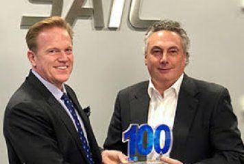 Jim Garrettson, CEO of Executive Mosaic, Presents Tony Moraco, CEO of SAIC, His Sixth Wash100 Award