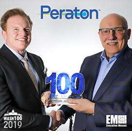 Jim Garrettson, CEO of Executive Mosaic, Presents Stu Shea, President and CEO of Peraton, His Third Wash100 Award