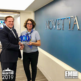 Jim Garrettson, CEO of Executive Mosaic, Presents Tiffanny Gates, President and CEO of Novetta, Her First Wash100 Award