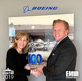 Jim Garrettson, CEO of Executive Mosaic, Presents Leanne Caret, President and CEO of Boeing Defense, Space and Security, Her Third Consecutive Wash100 Award