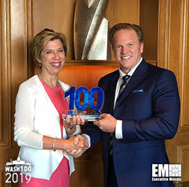 Jim Garrettson, CEO of Executive Mosaic, Presents Ellen Lord, DoD Acquisition Chief, Her Third Wash100 Award