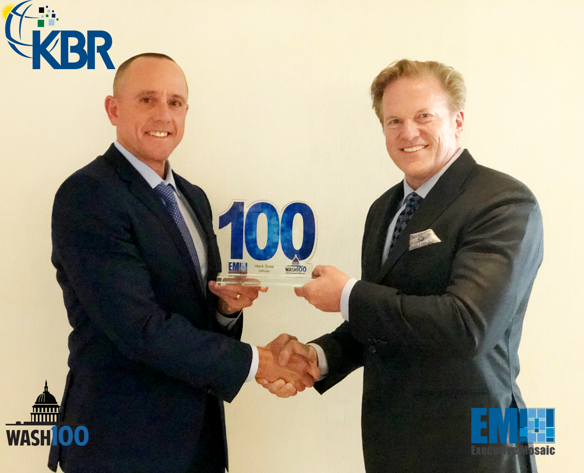 Jim Garrettson, CEO of Executive Mosaic, Presents Mark Sopp, EVP and CFO of KBR, His Third Wash100 Award