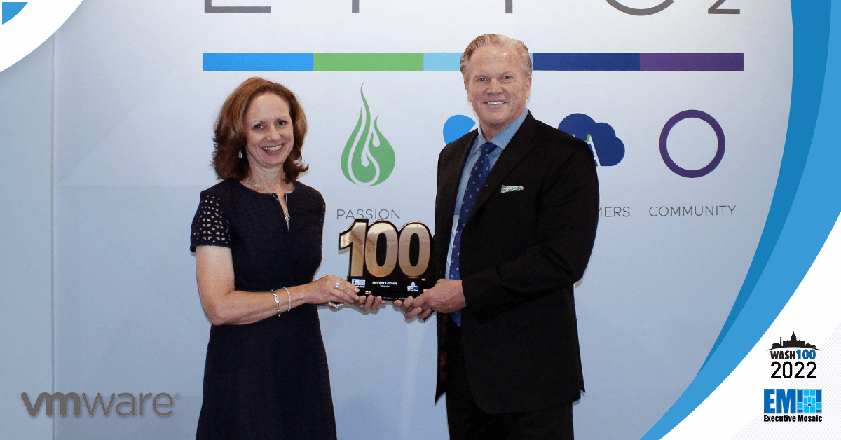 VMware Public Sector VP Jennifer Chronis Presented 2022 Wash100 Award by Executive Mosaic CEO Jim Garrettson