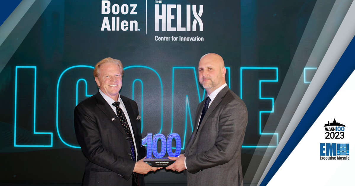 Booz Allen’s Steve Escaravage Accepts 2023 Wash100 Award From Executive Mosaic CEO Jim Garrettson