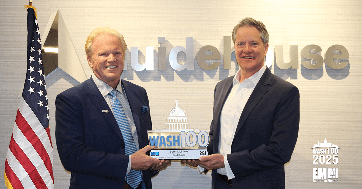 Guidehouse CEO Scott McIntyre Receives 9th Wash100 From Executive Mosaic Executive Mosaic presented Guidehouse CEO Scott McIntyre with his ninth Wash100 Award