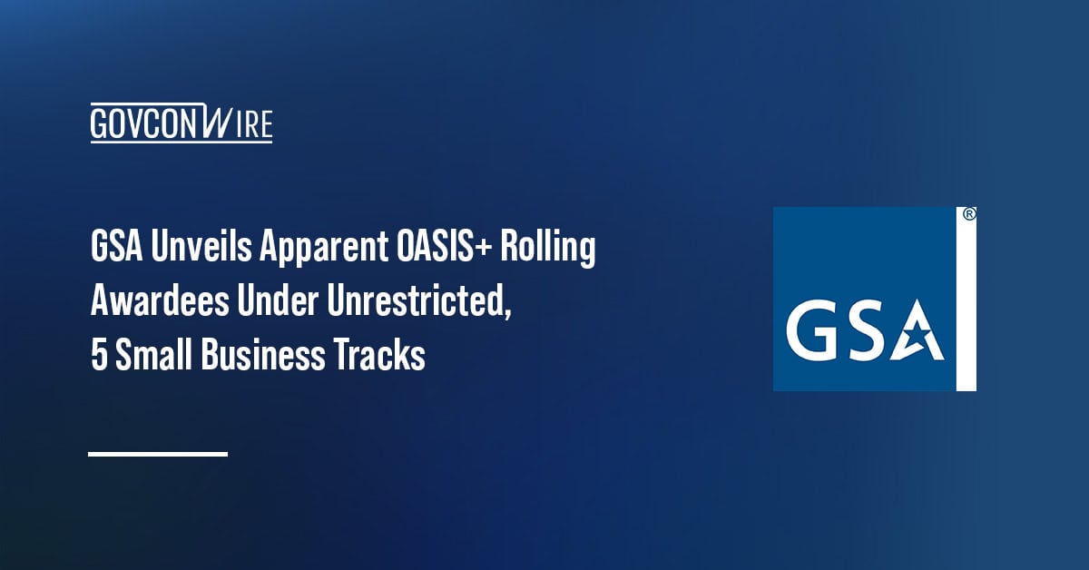 GSA logo. GSA issued the apparent rolling awardees for the OASIS Plus contract's Unrestricted and five small business tracks.