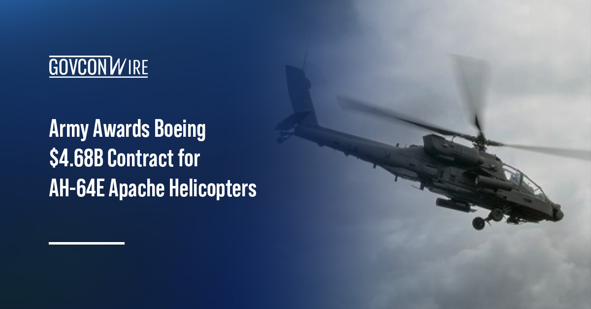 Army Awards Boeing $4.68B Contract for AH-64E Apache Helicopters Boeing's logo. Boeing has secured a new contract from the Army for AH-64E Apache helicopters