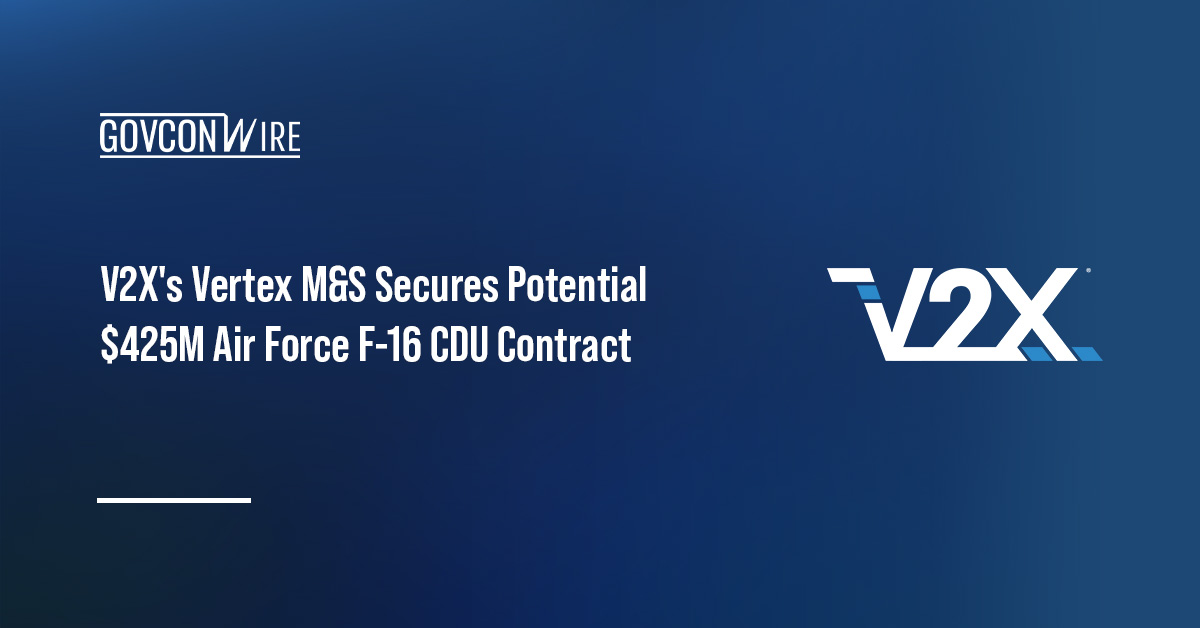 V2X logo. The Air Force awarded V2X's Vertex M&S a contract for F-16 central display unit hardware and support.