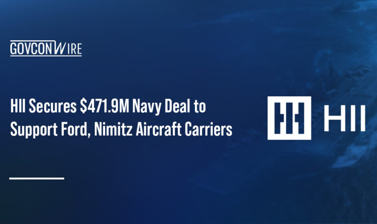 HII's logo. HII secured a new Navy contract for aircraft carrier support