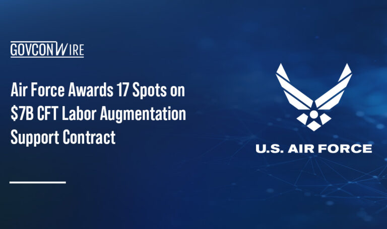 U.S. Air Force logo. USAF awarded 17 spots on a $7 billion IDIQ contract for contract field team labor augmentation support.