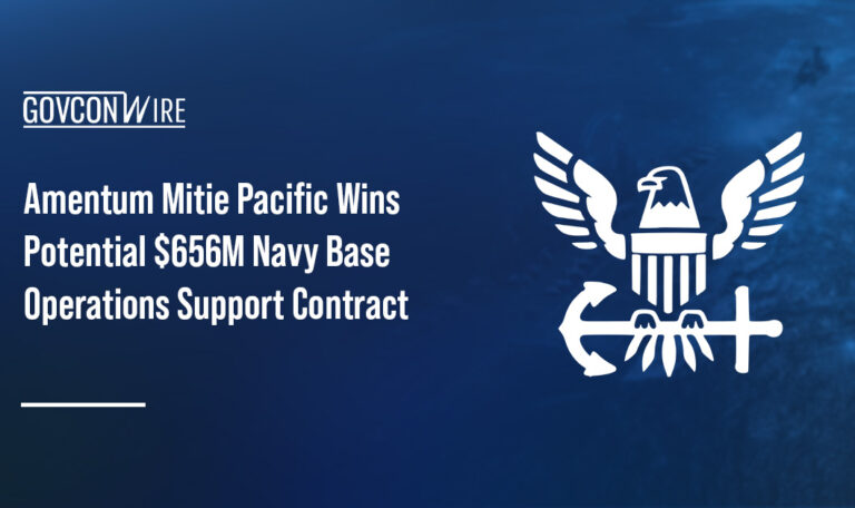 US Navy logo. Amentum Mitie Pacific secured a Navy IDIQ contract for base operating support services.