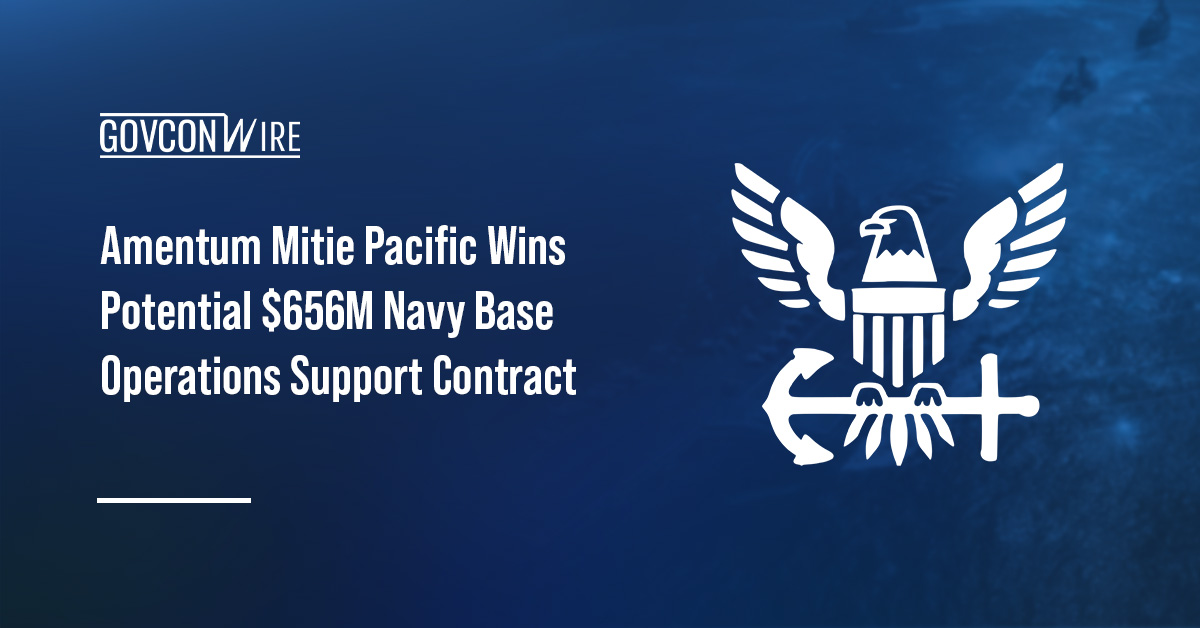 US Navy logo. Amentum Mitie Pacific secured a Navy IDIQ contract for base operating support services.