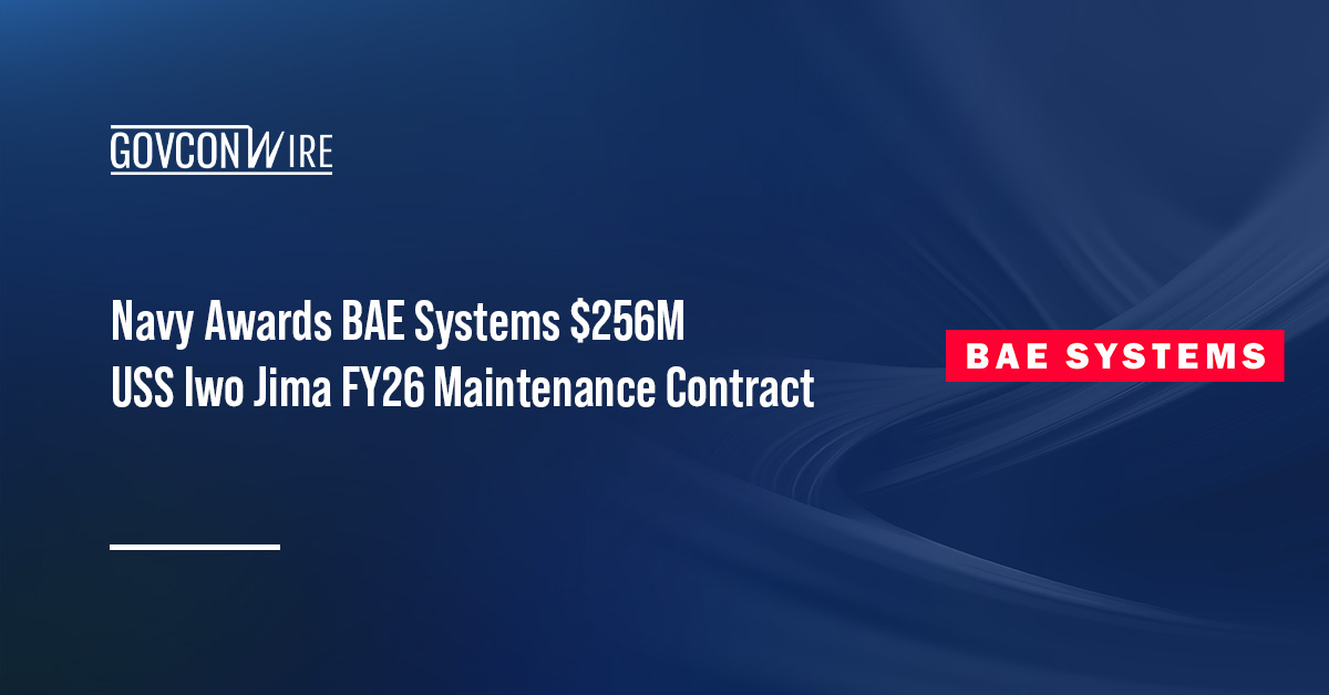 BAE Systems logo. BAE Systems secured a $255.9M contract for FY26 maintenance, modernization and repair work on USS Iwo Jima.