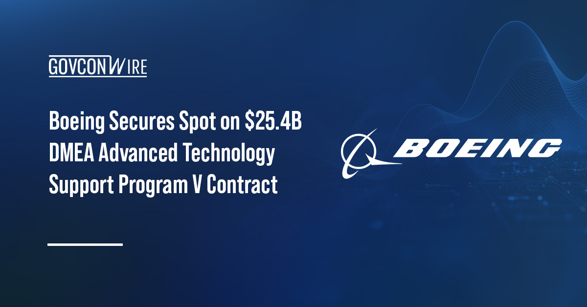 Boeing logo. DMEA awarded Boeing a spot on the $25.4B ATSP V contract.