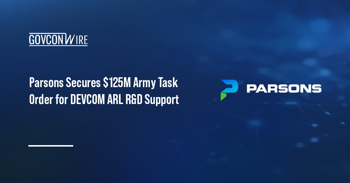 Parsons logo. Parsons secured a $125 million Army task order to provide R&D and technical support for DEVCOM ARL.