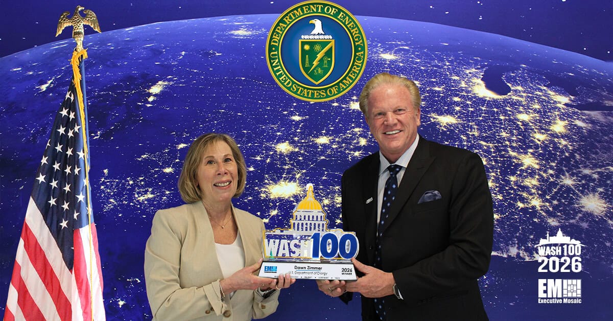 Dawn Zimmer and Jim Garrettson. The DOE CIO accepted her 2026 Wash100 Award from the Executive Mosaic CEO.